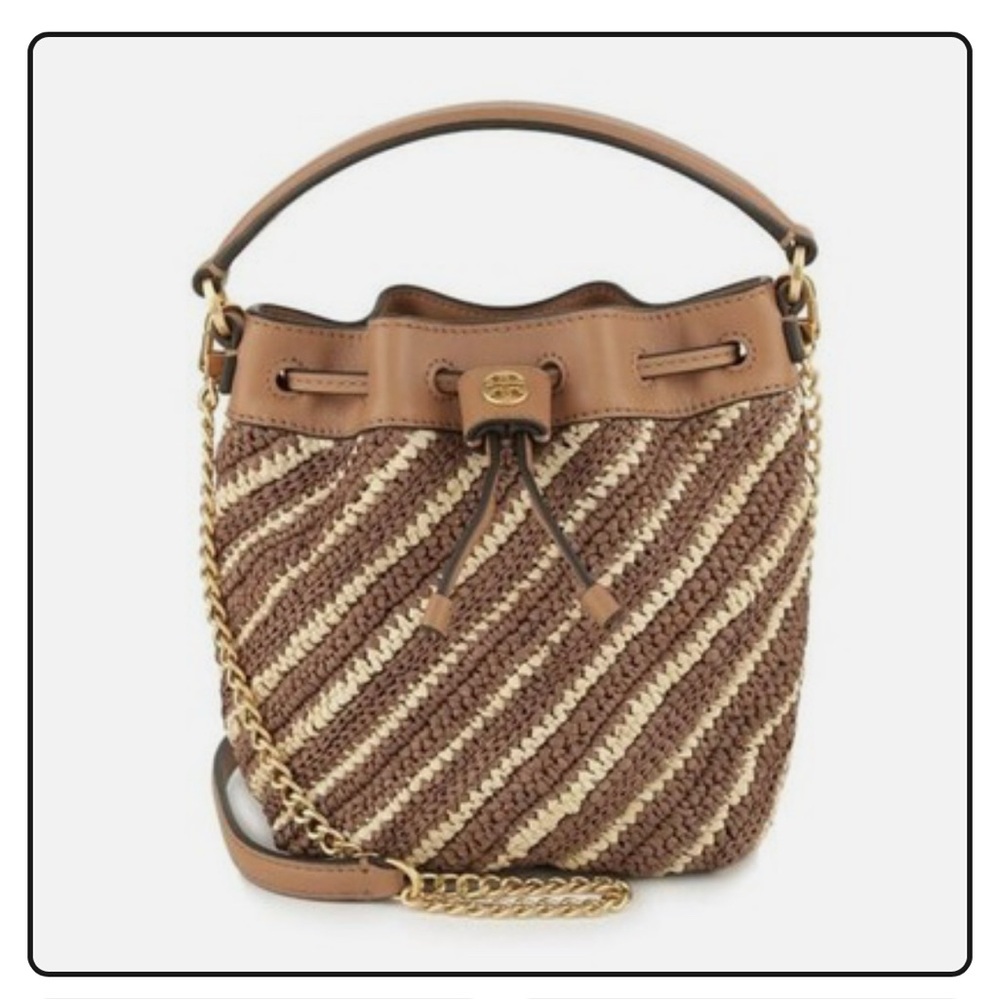 Tory Burch Straw Brown and Tan Bucket Bag Crossbody